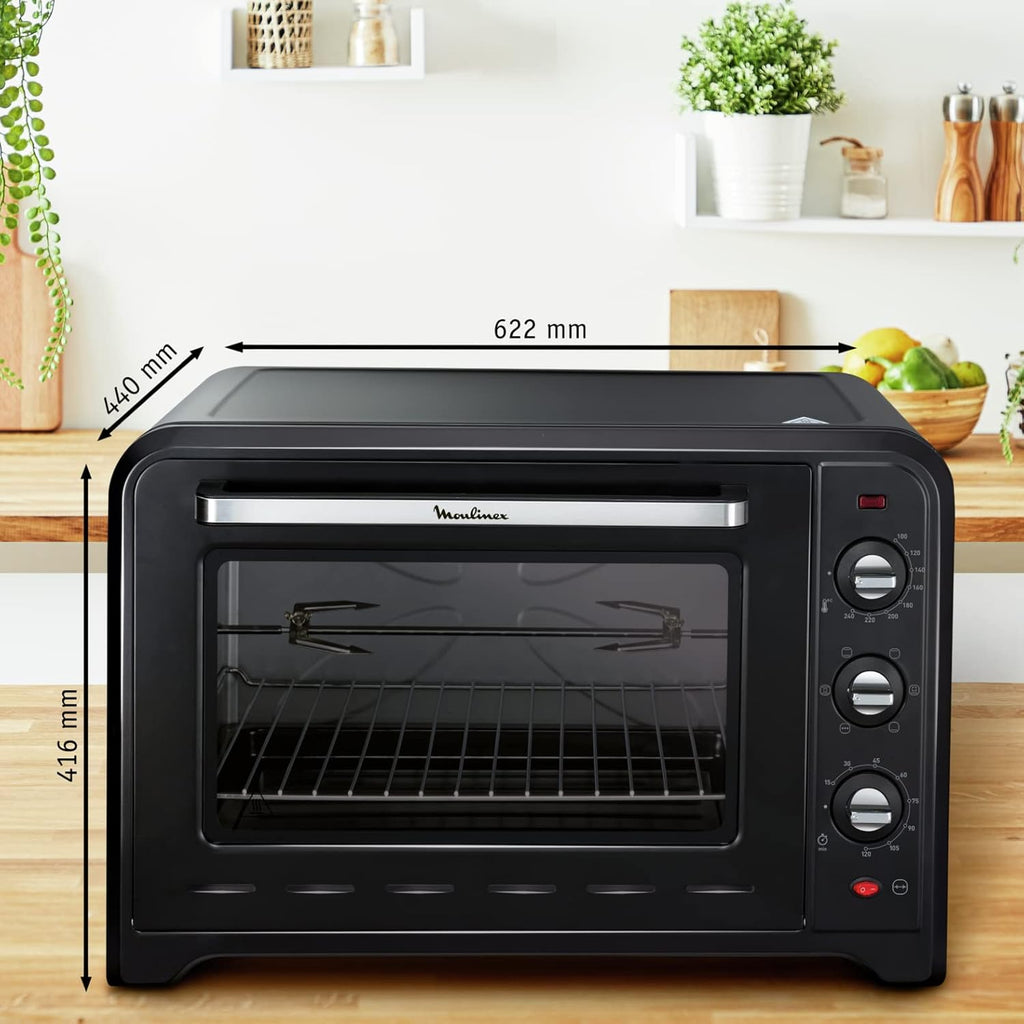 Moulinex Oven, 33 L, Rotating heat, Advanced convection, 6 cooking modes, Thermostat adjustable up to 240°C, Timer 120 min, Reversible grill, Silicone oven mitts, Optimo Black OX464811