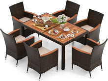 Load image into Gallery viewer, GIANTEX Salon de Jardin 6 Personnes en Rotin et Bois d'Acacia, Table de Jardin Extérieure avec 6 Chaises, Coussins, Trou de Parasol, Pieds Réglables, pour Cour, Pique-Nique, Marron