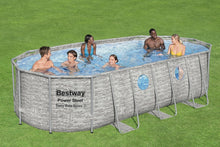 Load image into Gallery viewer, Bestway 56946 Piscine Power Steel™ Swim Vista ovale 488 x 305 x 107 cm motif rotin avec hublots, filtration à sable, échelle, bâche et diffuseur Chemconnect™