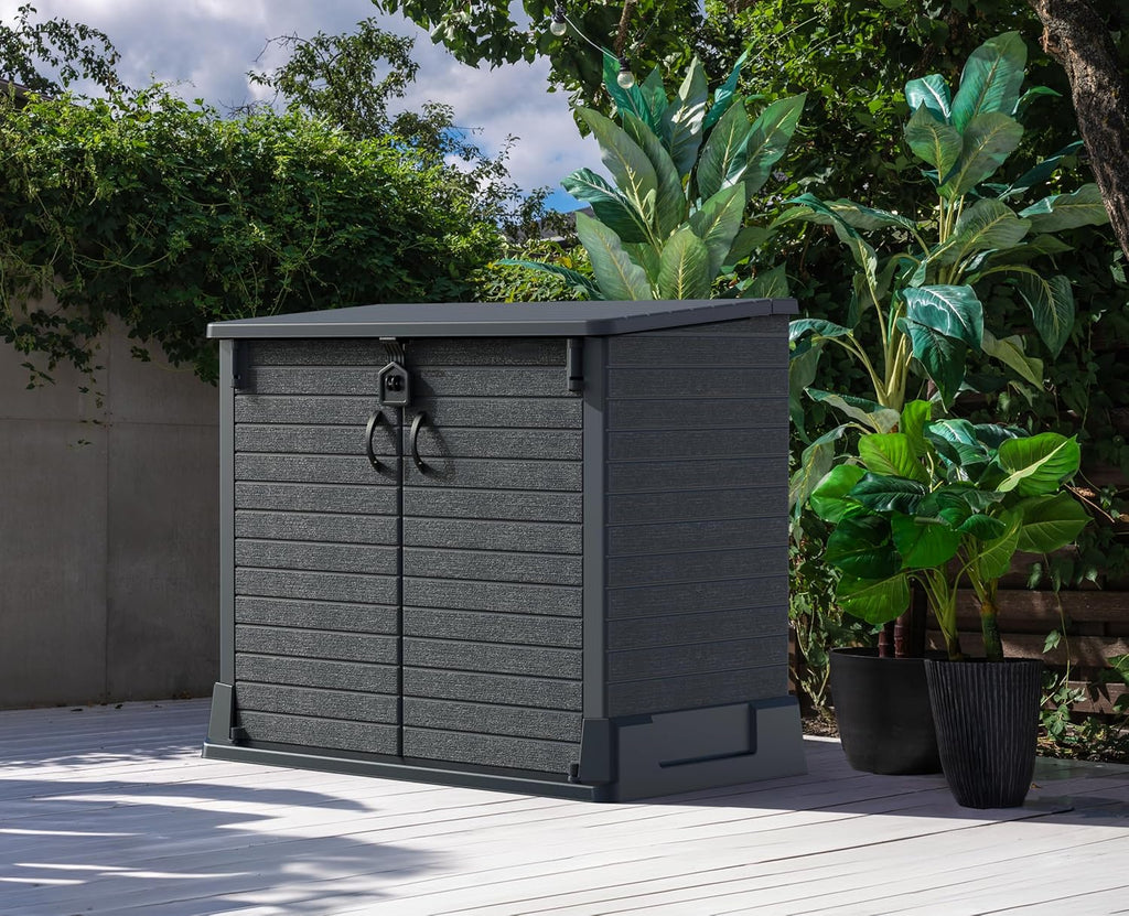 Duramax StoreAway 1200L Plastic Garden Shed/ Flat Lid, Outdoor Storage Shed, Wheelie Bin Hideaways, Wheelie bin box, Durable Construction, Ideal for Bikes, BBQs & 2x 240L Bins, 145x85x125 cm, Brown